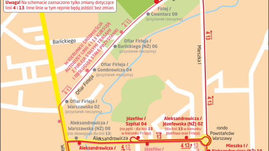 Objazdy przy cmentarzu dla 4 i 13