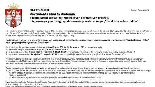 OGŁOSZENIE Prezydenta Miasta Radomia