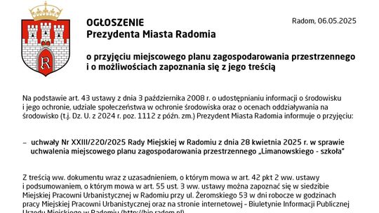 OGŁOSZENIE Prezydenta Miasta Radomia