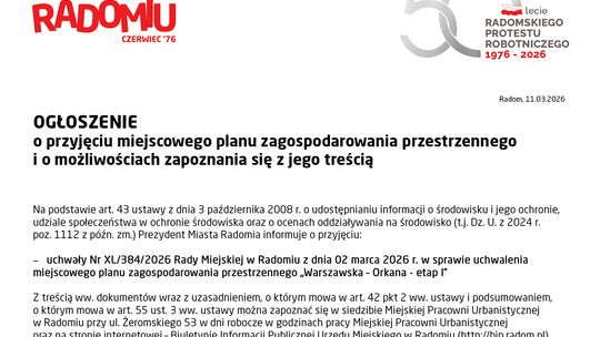 OGŁOSZENIE Prezydenta Miasta Radomia