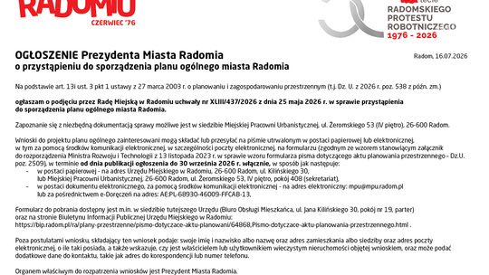 OGŁOSZENIE Prezydenta Miasta Radomia