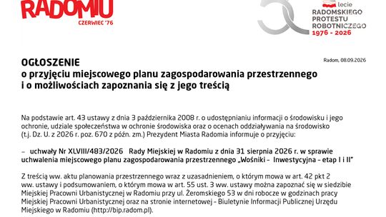 OGŁOSZENIE Prezydenta Miasta Radomia
