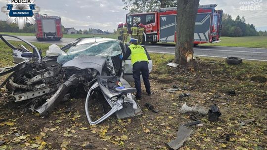 Zjechał z drogi i uderzył w drzewo. Dwie osoby w szpitalu