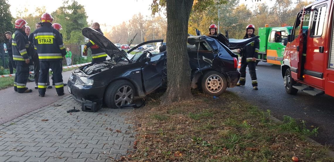 Audi wbiło się w drzewo. Utrudnienia na Maratońskiej. Audi wbiło się w drzewo. Utrudnienia na Maratońskiej.
