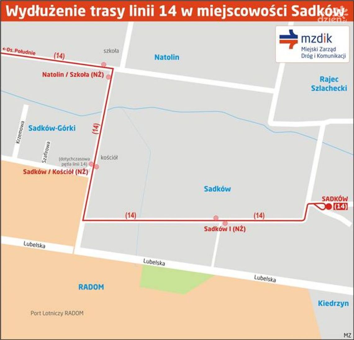 "Czternastka" pojedzie przez cały Sadków (mapka) "Czternastka" pojedzie przez cały Sadków (mapka)