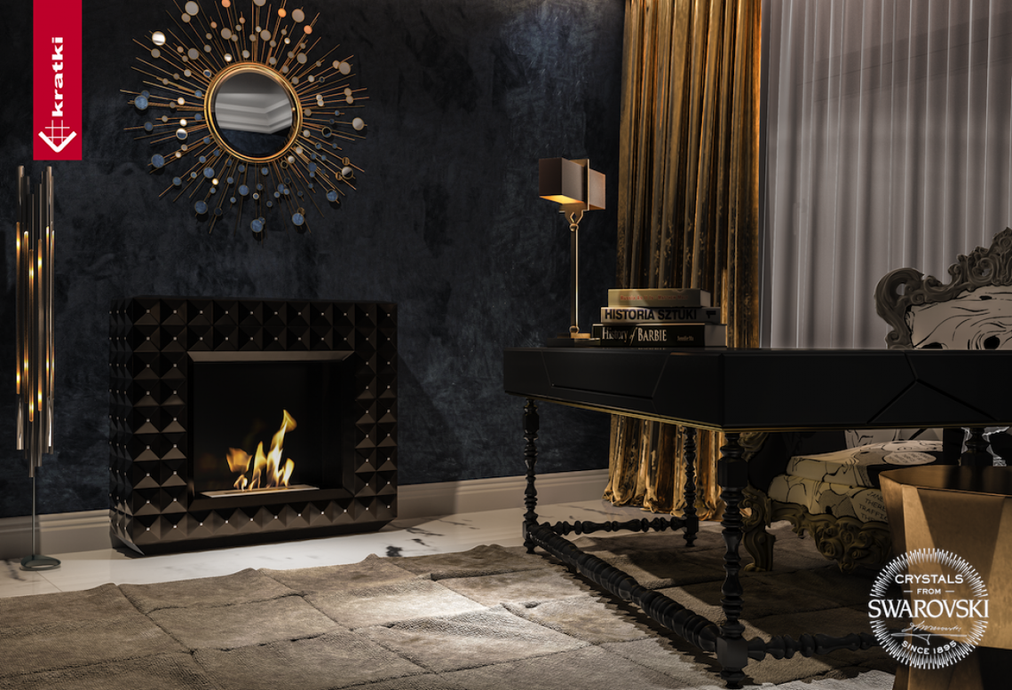Kominek we wnętrzu glamour