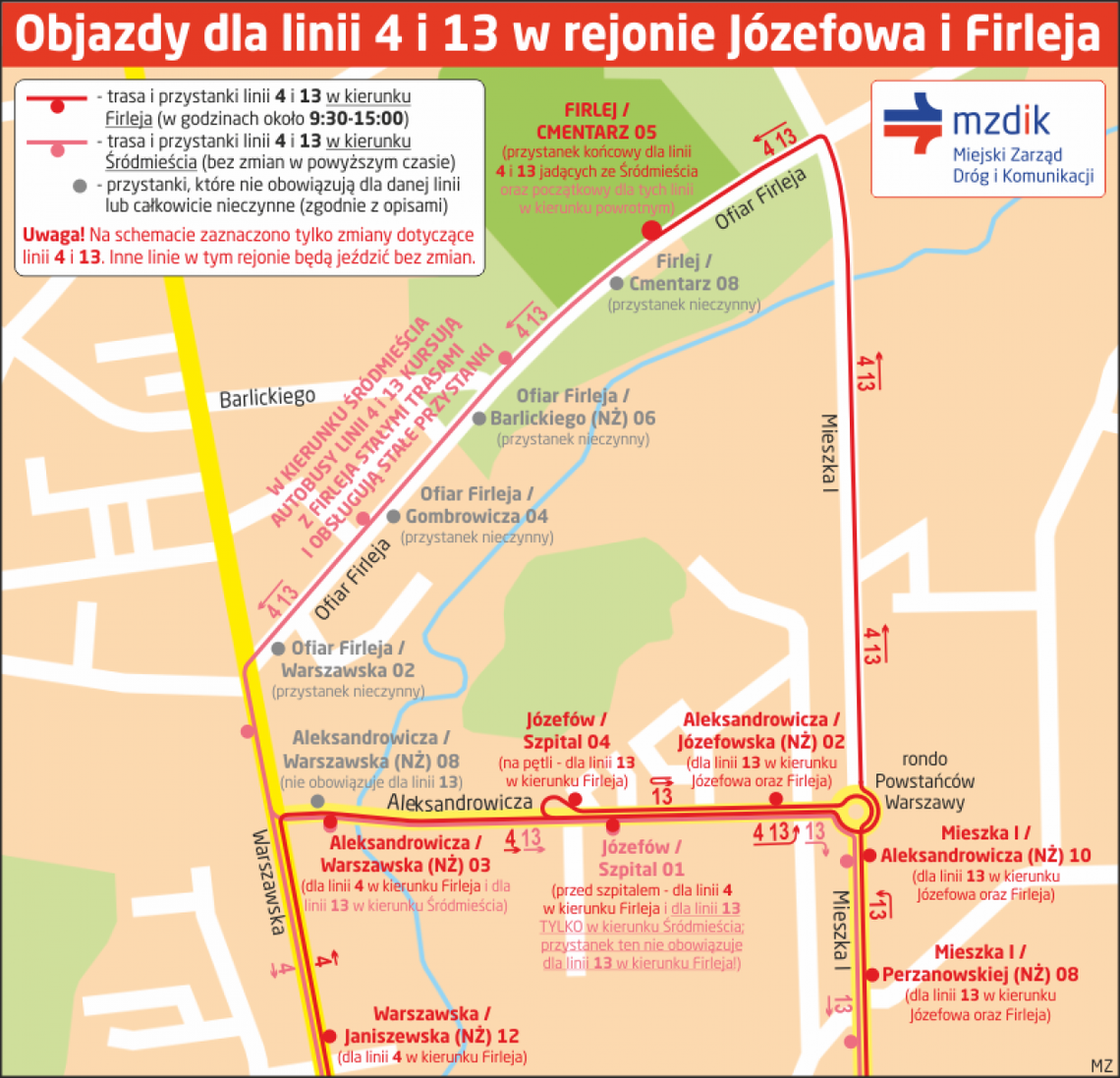 Objazdy przy cmentarzu dla 4 i 13