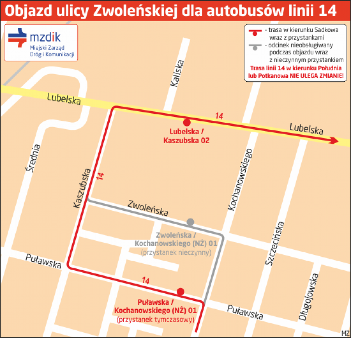Od piątku autobusy linii 14 będą jeździć objazdem