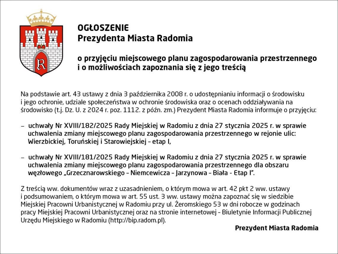 OGŁOSZENIE Prezydenta Miasta Radomia
