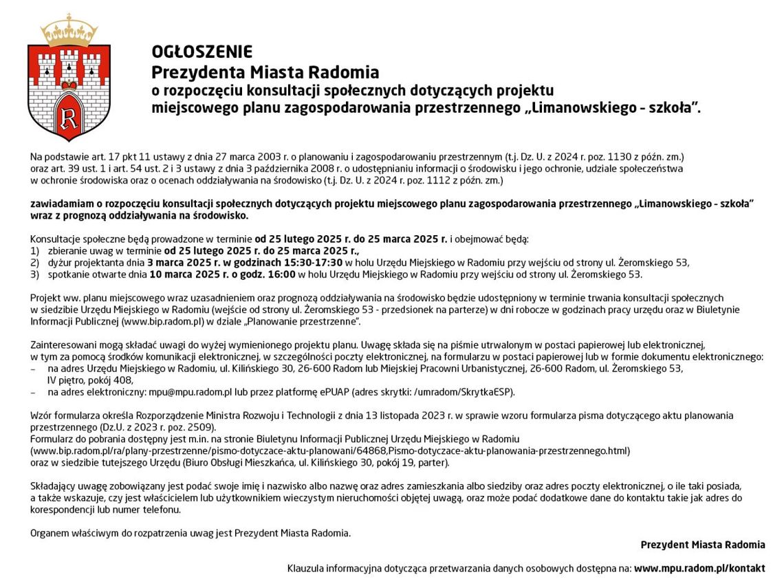 OGŁOSZENIE Prezydenta Miasta Radomia