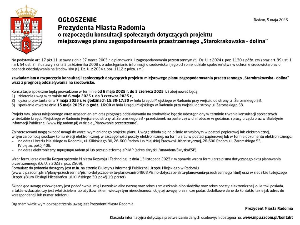 OGŁOSZENIE Prezydenta Miasta Radomia OGŁOSZENIE Prezydenta Miasta Radomia