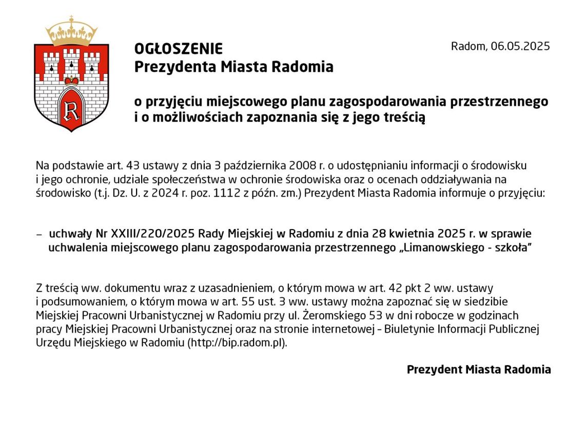 OGŁOSZENIE Prezydenta Miasta Radomia