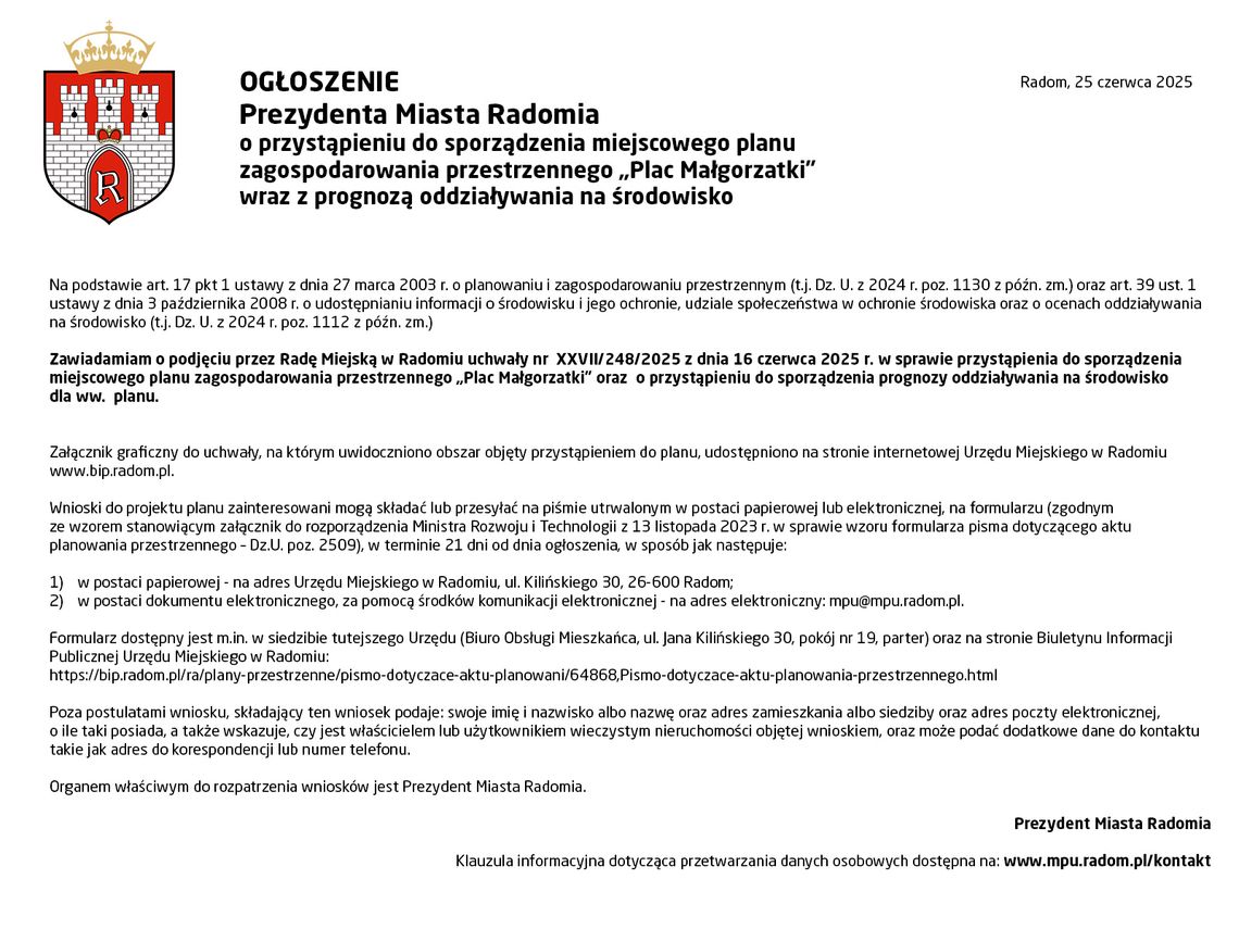 OGŁOSZENIE Prezydenta Miasta Radomia OGŁOSZENIE Prezydenta Miasta Radomia