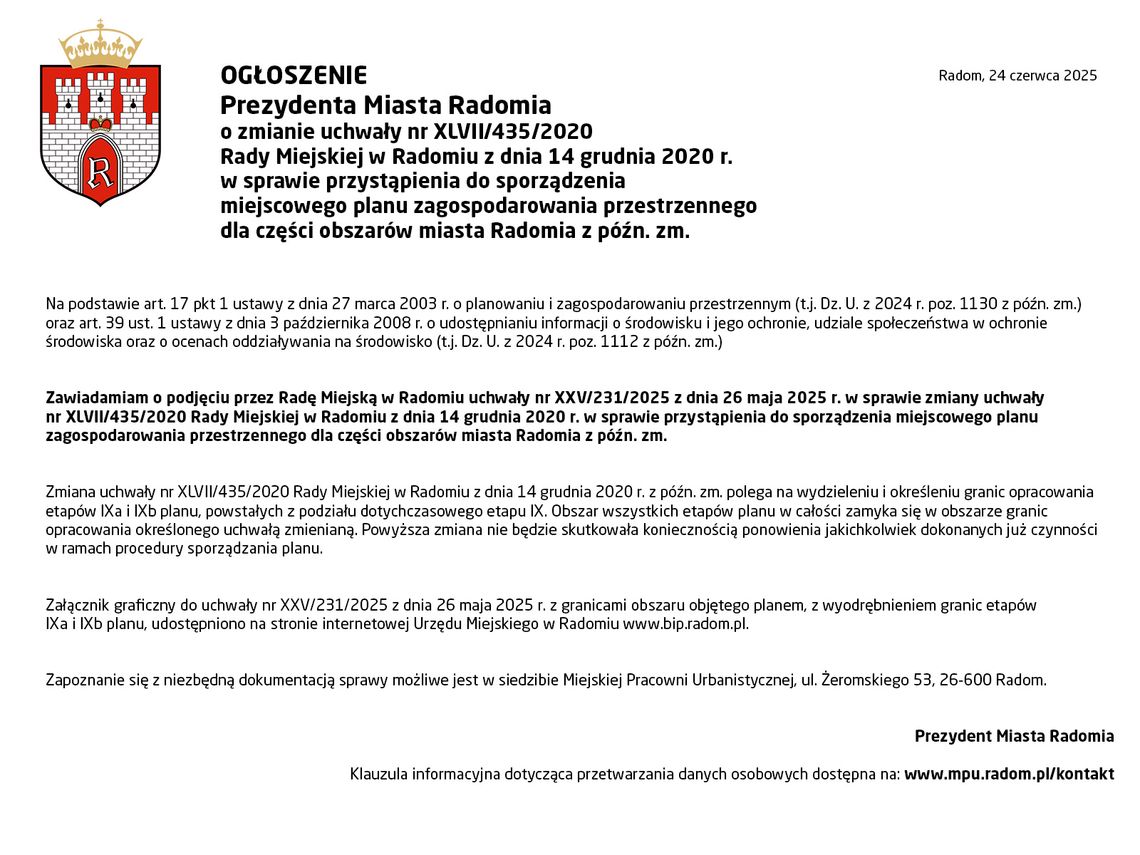 OGŁOSZENIE Prezydenta Miasta Radomia