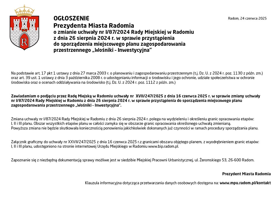 OGŁOSZENIE Prezydenta Miasta Radomia