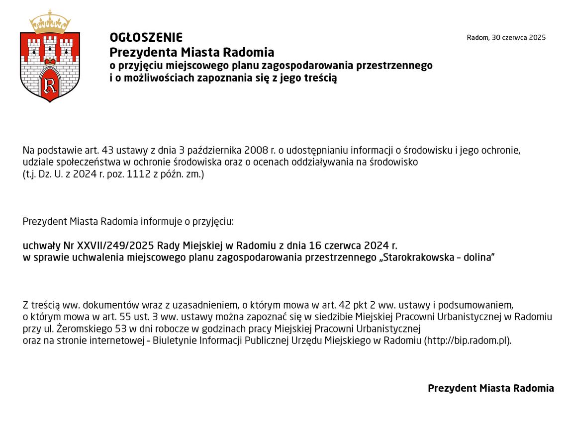 OGŁOSZENIE Prezydenta Miasta Radomia