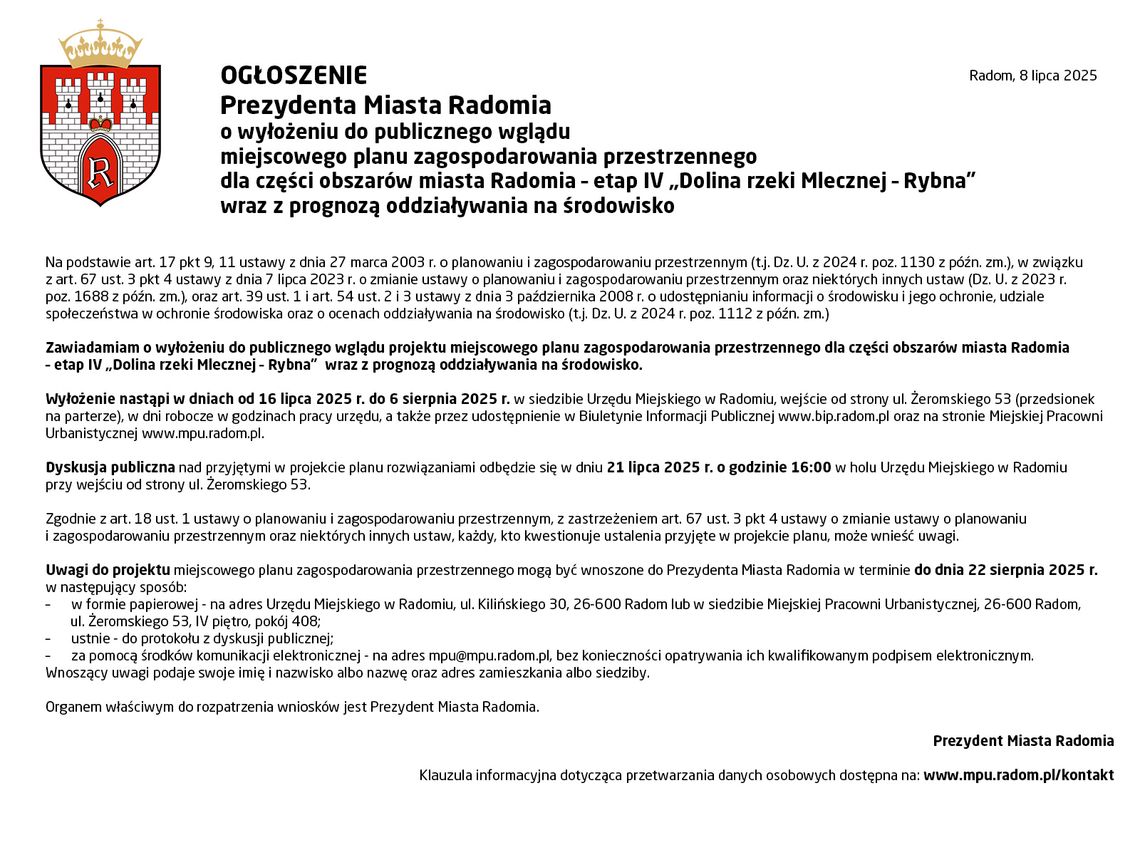 OGŁOSZENIE Prezydenta Miasta Radomia