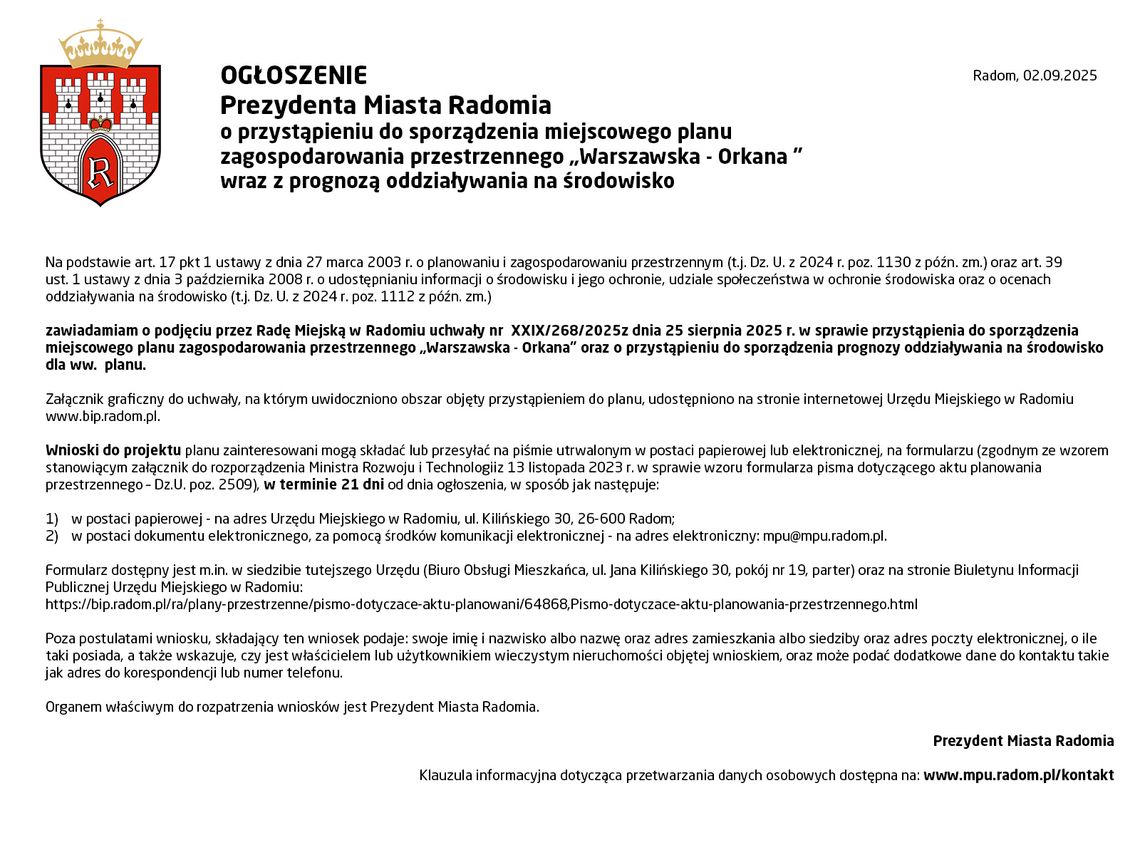 OGŁOSZENIE Prezydenta Miasta Radomia OGŁOSZENIE Prezydenta Miasta Radomia
