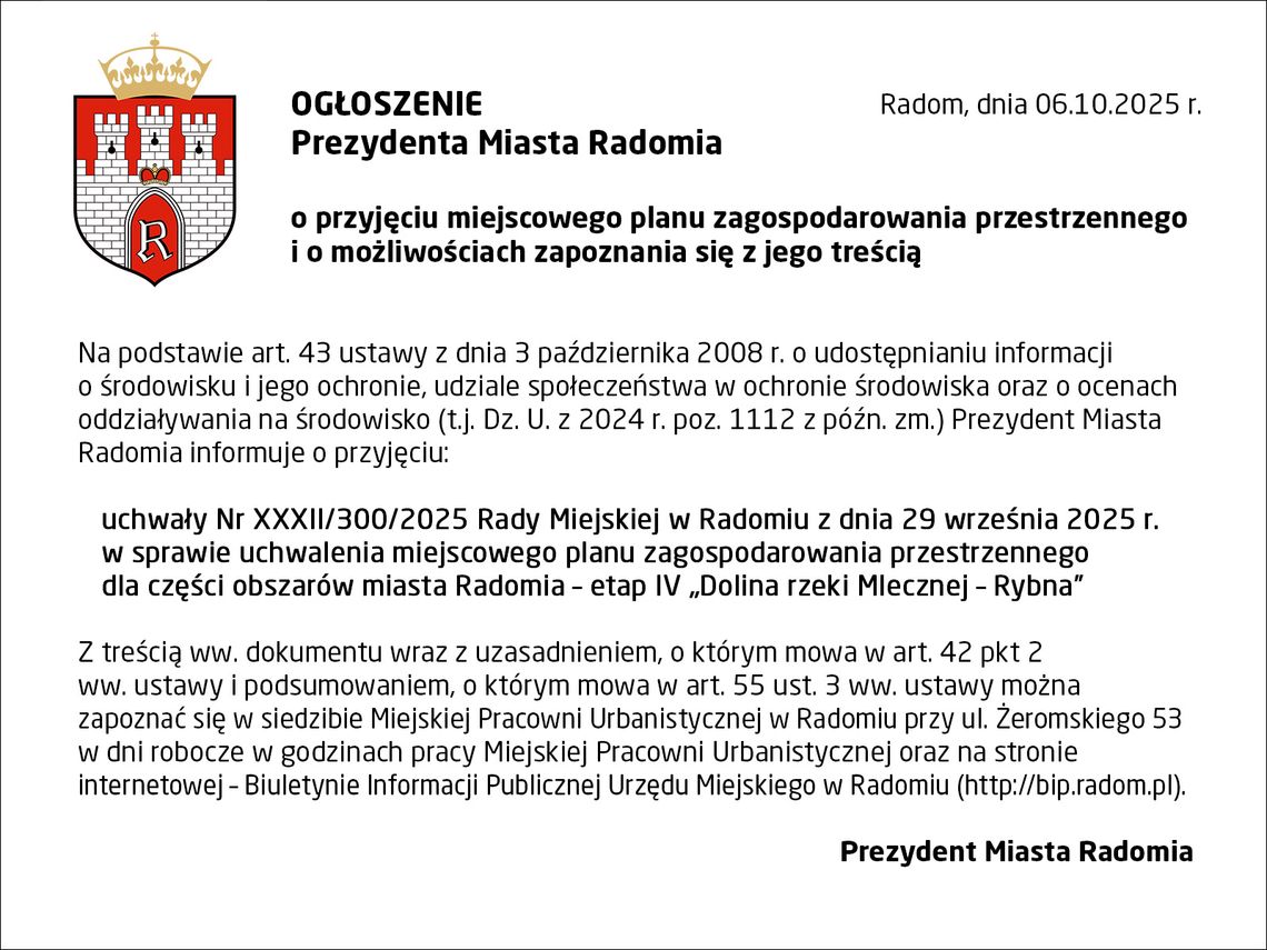 OGŁOSZENIE Prezydenta Miasta Radomia
