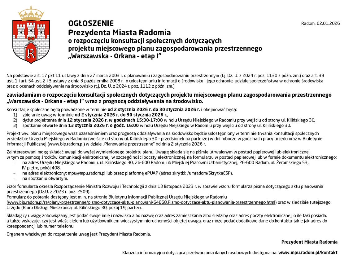 OGŁOSZENIE Prezydenta Miasta Radomia