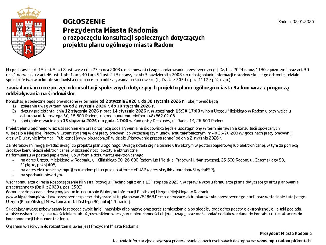 OGŁOSZENIE Prezydenta Miasta Radomia OGŁOSZENIE Prezydenta Miasta Radomia