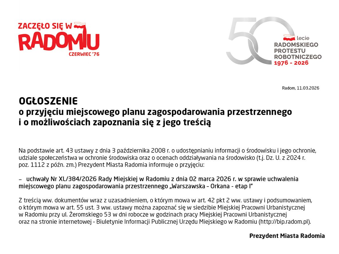 OGŁOSZENIE Prezydenta Miasta Radomia
