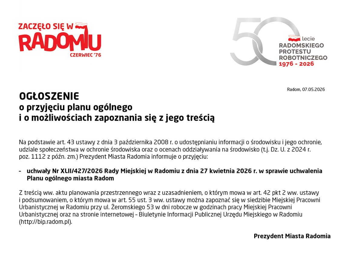 OGŁOSZENIE Prezydenta Miasta Radomia