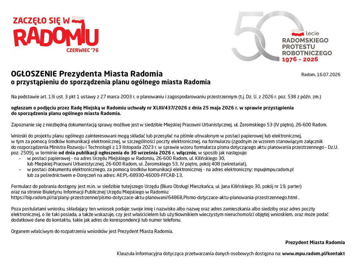 OGŁOSZENIE Prezydenta Miasta Radomia OGŁOSZENIE Prezydenta Miasta Radomia