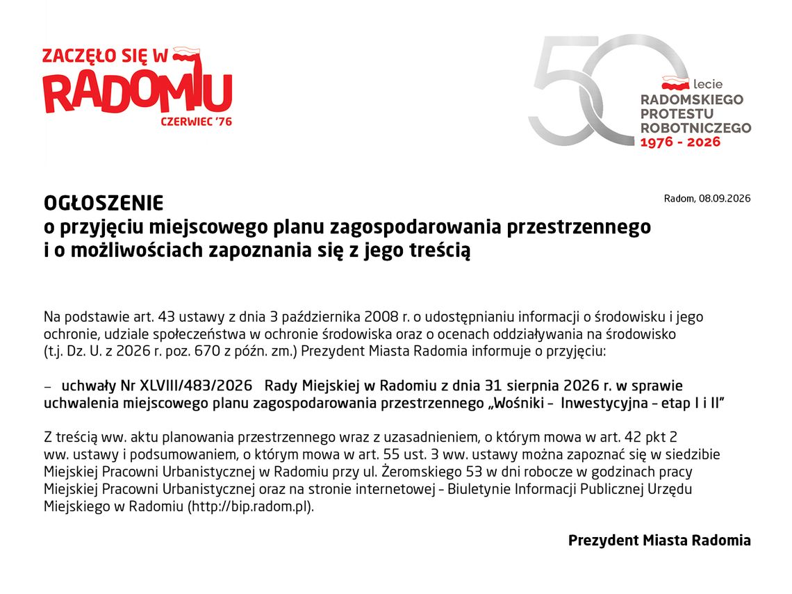 OGŁOSZENIE Prezydenta Miasta Radomia