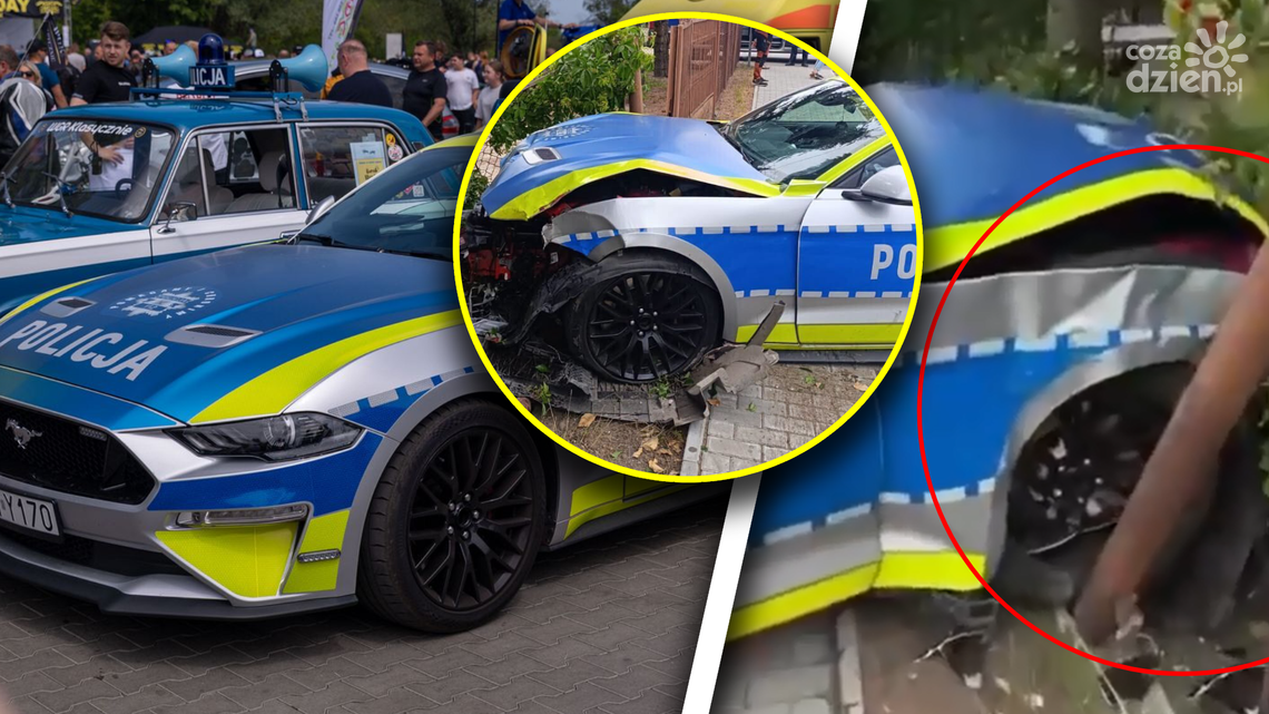 Policyjny Mustang rozbity. Radiowóz uderzył w ogrodzenie Policyjny Mustang rozbity. Radiowóz uderzył w ogrodzenie