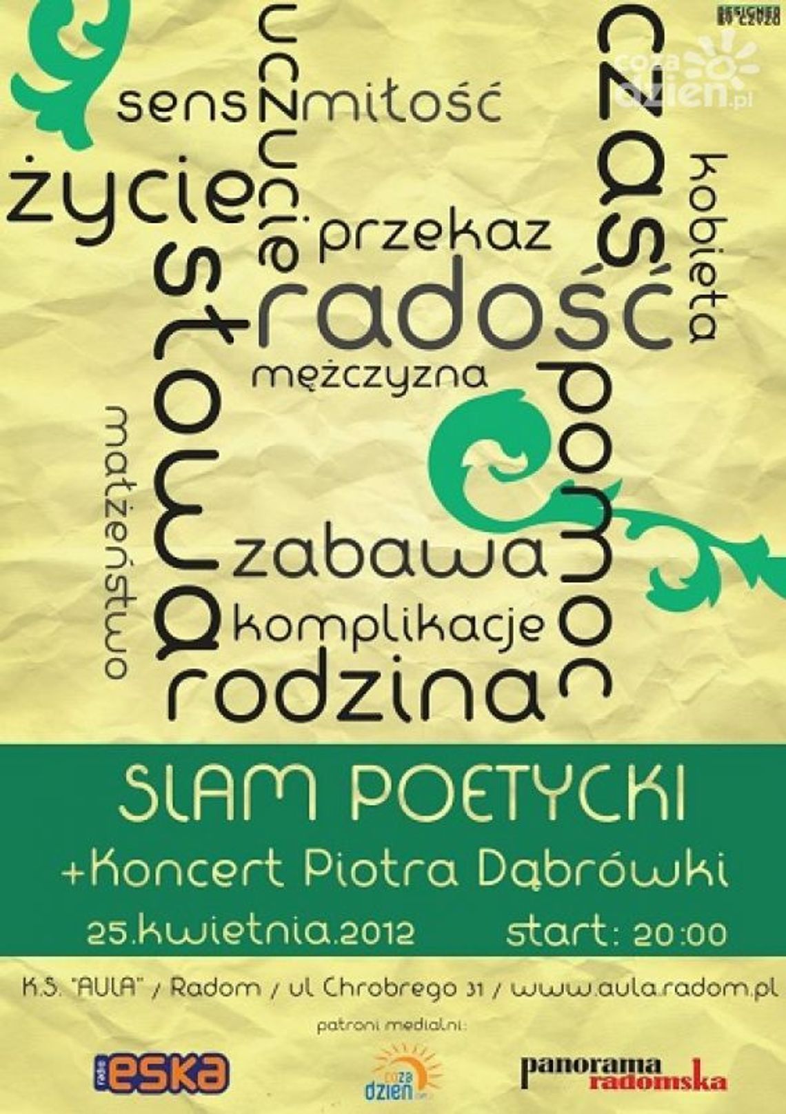 Slam poetycki aula 25.04 i koncert Piotra Dąbrówki
