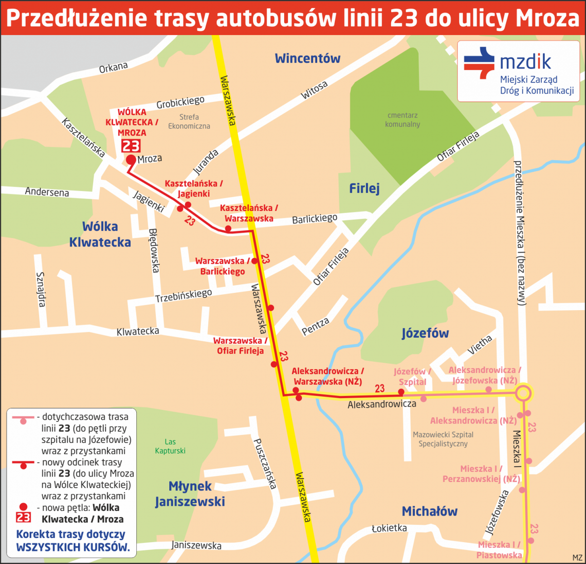 Trasa linii 23 wydłużona do ul. Mroza