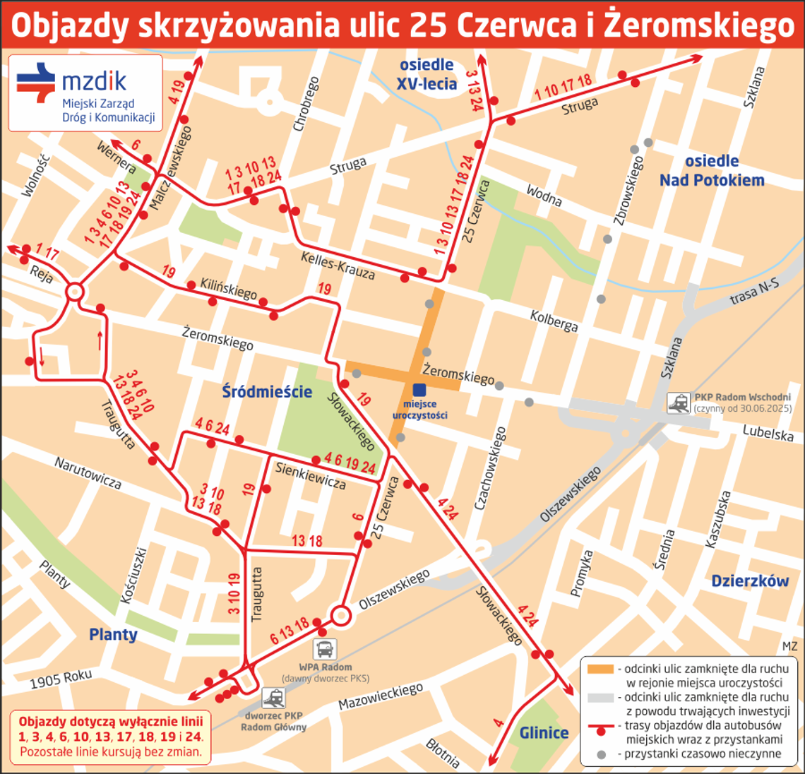 Uwaga! Objazdy i zmiany w ruchu drogowym oraz kursowaniu autobusów w dniu 25 czerwca