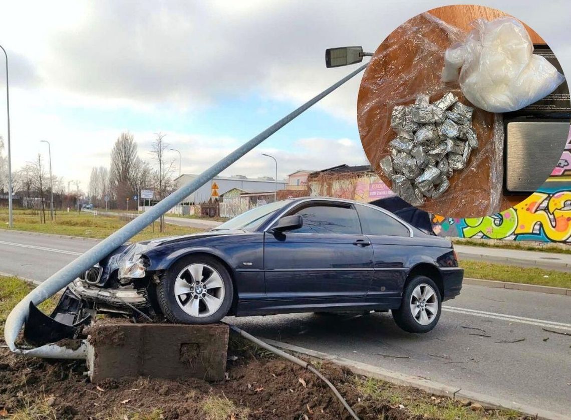 Wjechał w słup. Policjanci znaleźli przy nim kokainę i amfetaminę Wjechał w słup. Policjanci znaleźli przy nim kokainę i amfetaminę