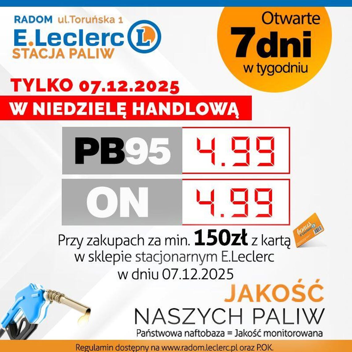 Wyjątkowa niedzielna promocja na stacji paliw E.Leclerc Radom!