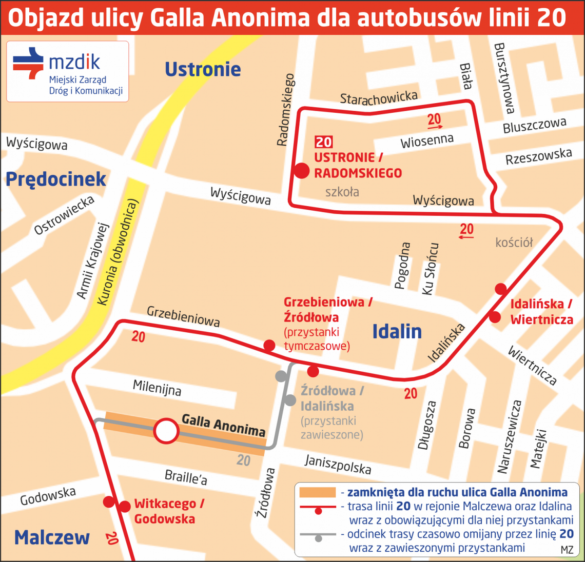 Zamkną ul. Galla Anonima. Objazdy na linii 20 Zamkną ul. Galla Anonima. Objazdy na linii 20