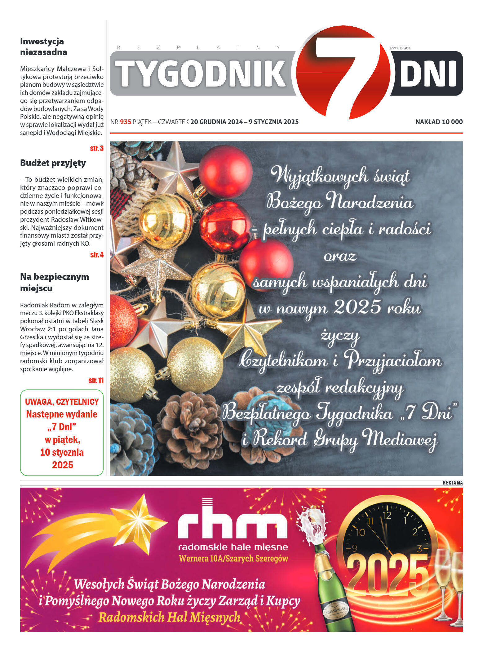 Tygodnik "7 Dni" nr 935 z dn. 20.12.2024 r. - strona 1