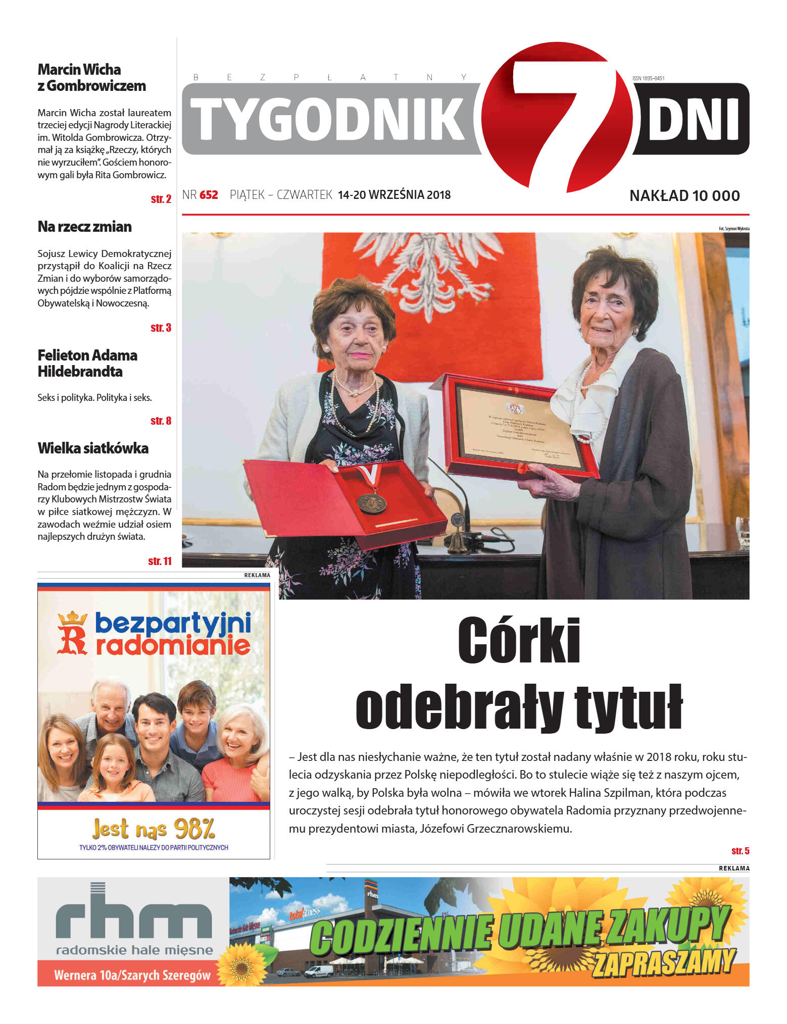 Tygodnik "7 Dni" nr 652 z 14.09.2018 - strona 1