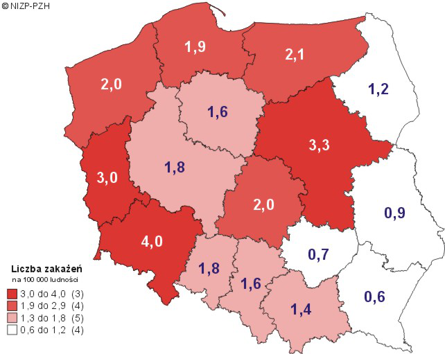 Średnia roczna liczba nowo wykrywanych zakażeń HIV w latach 2007-2011, według województw